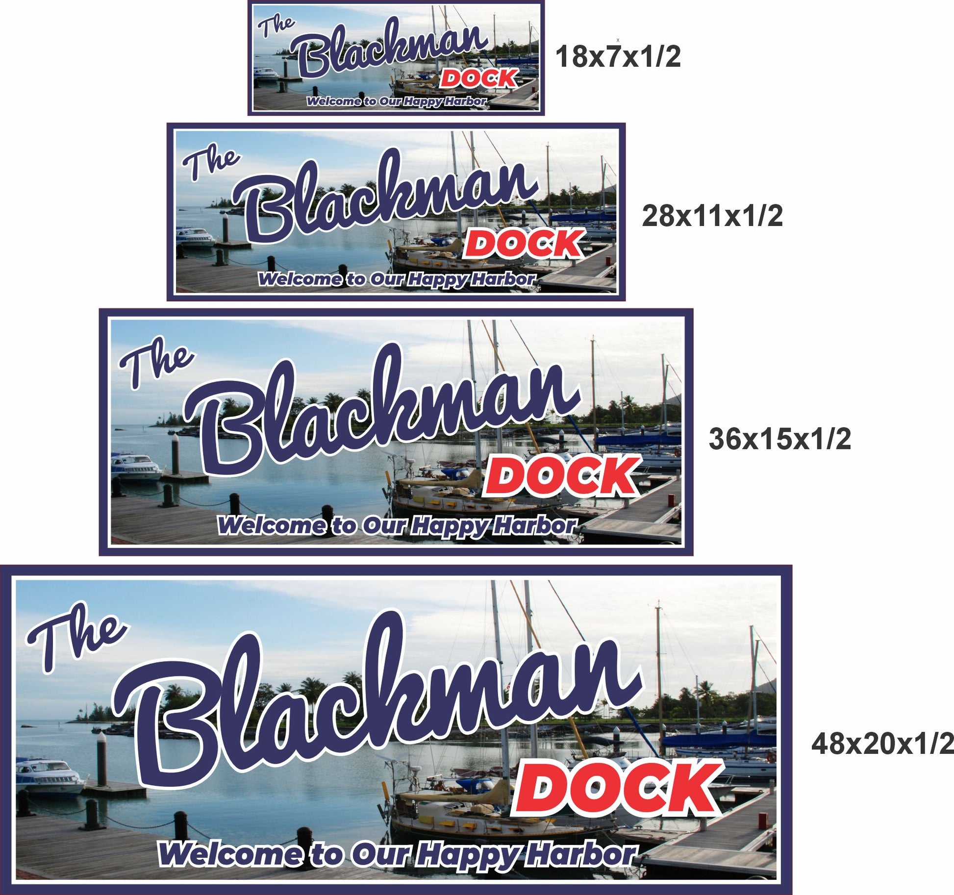 Personalized dock sign shown in 18x7, 28x11, 36x15, and 48x20 size options
