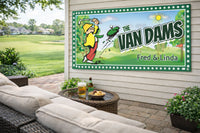 Custom golf sign displayed on an outdoor patio wall