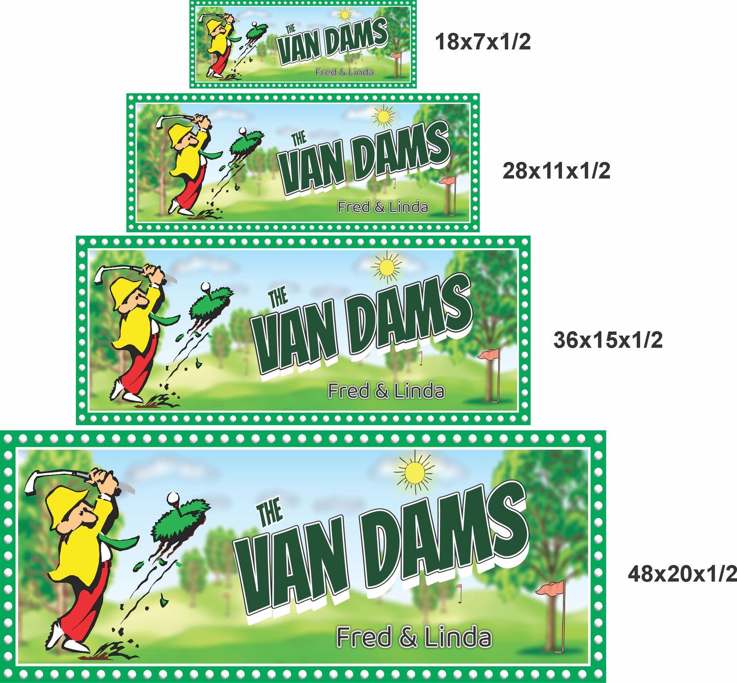 Personalized golf wall sign shown in four available size options