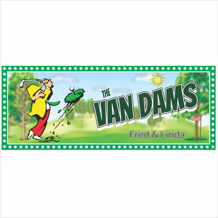 Personalized golf patio sign with cartoon golfer and custom family name