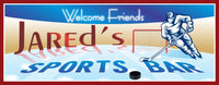 Personalized Hockey Sports Bar Sign featuring an illustration of a hockey player, a puck, a goal, and an ice rink. The sign is designed to enhance sports bars and fan zones, customizable with team names or personal messages.