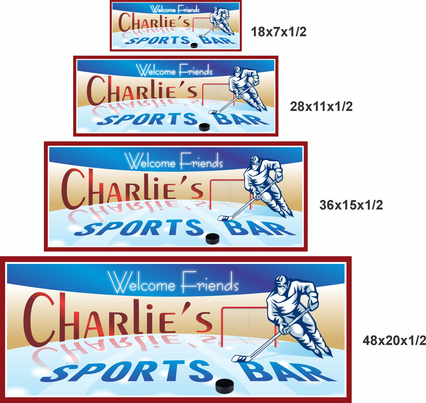 Hockey sports bar wall sign shown in four available size options