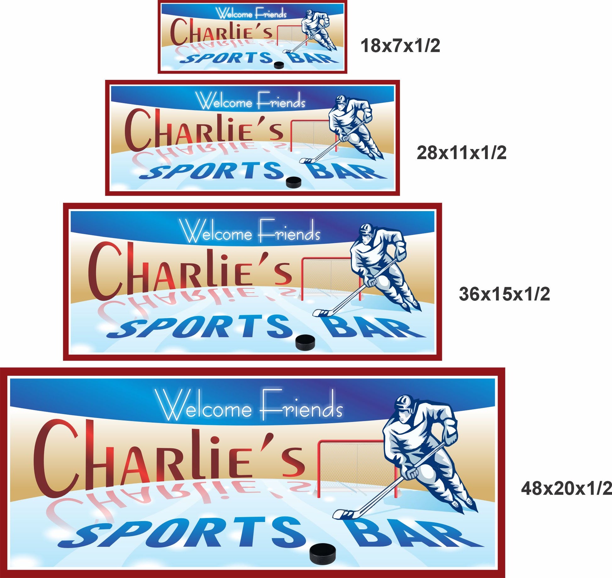 Hockey sports bar wall sign shown in four available size options