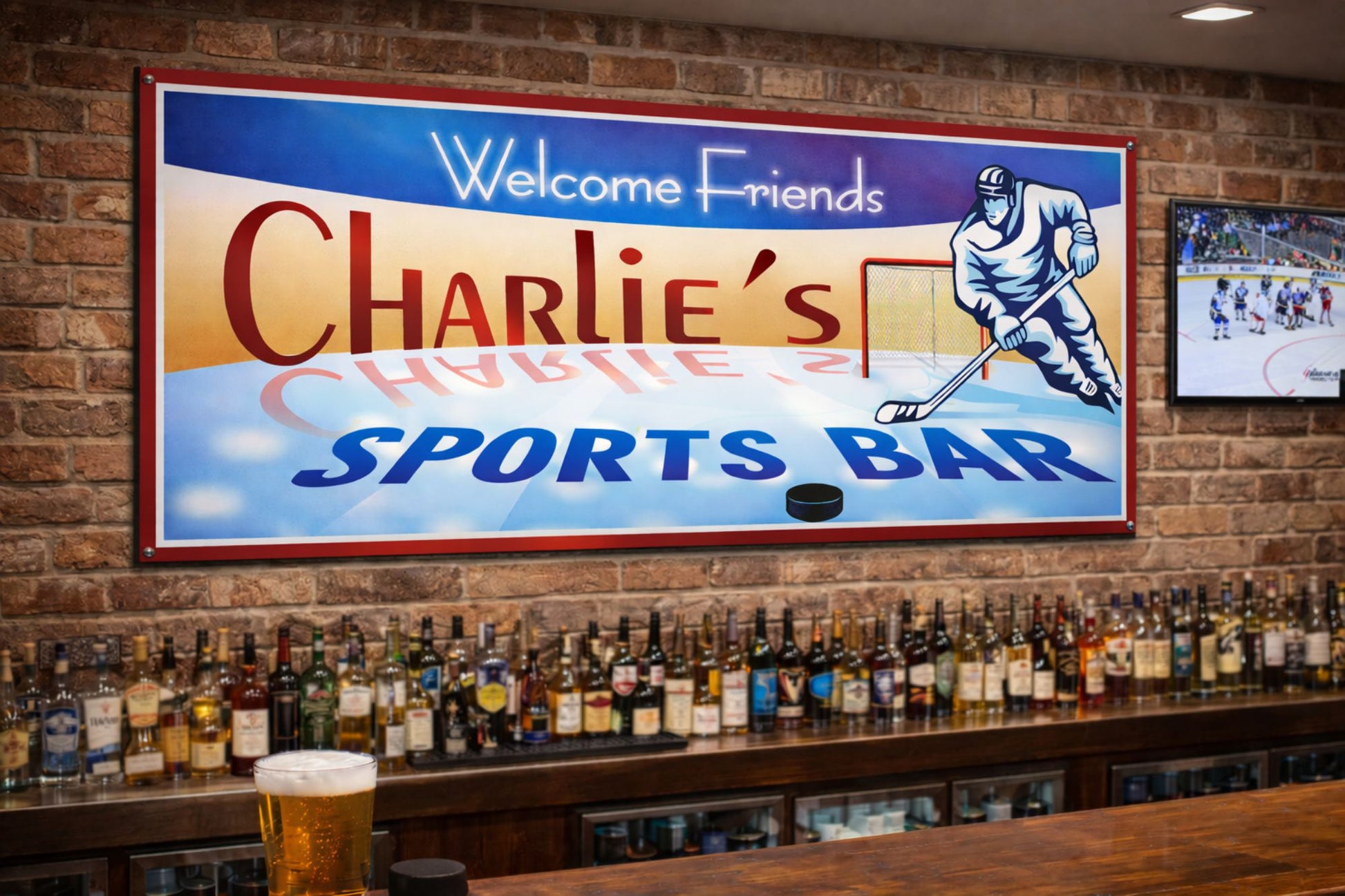 Custom hockey bar sign displayed on a brick wall in a bar