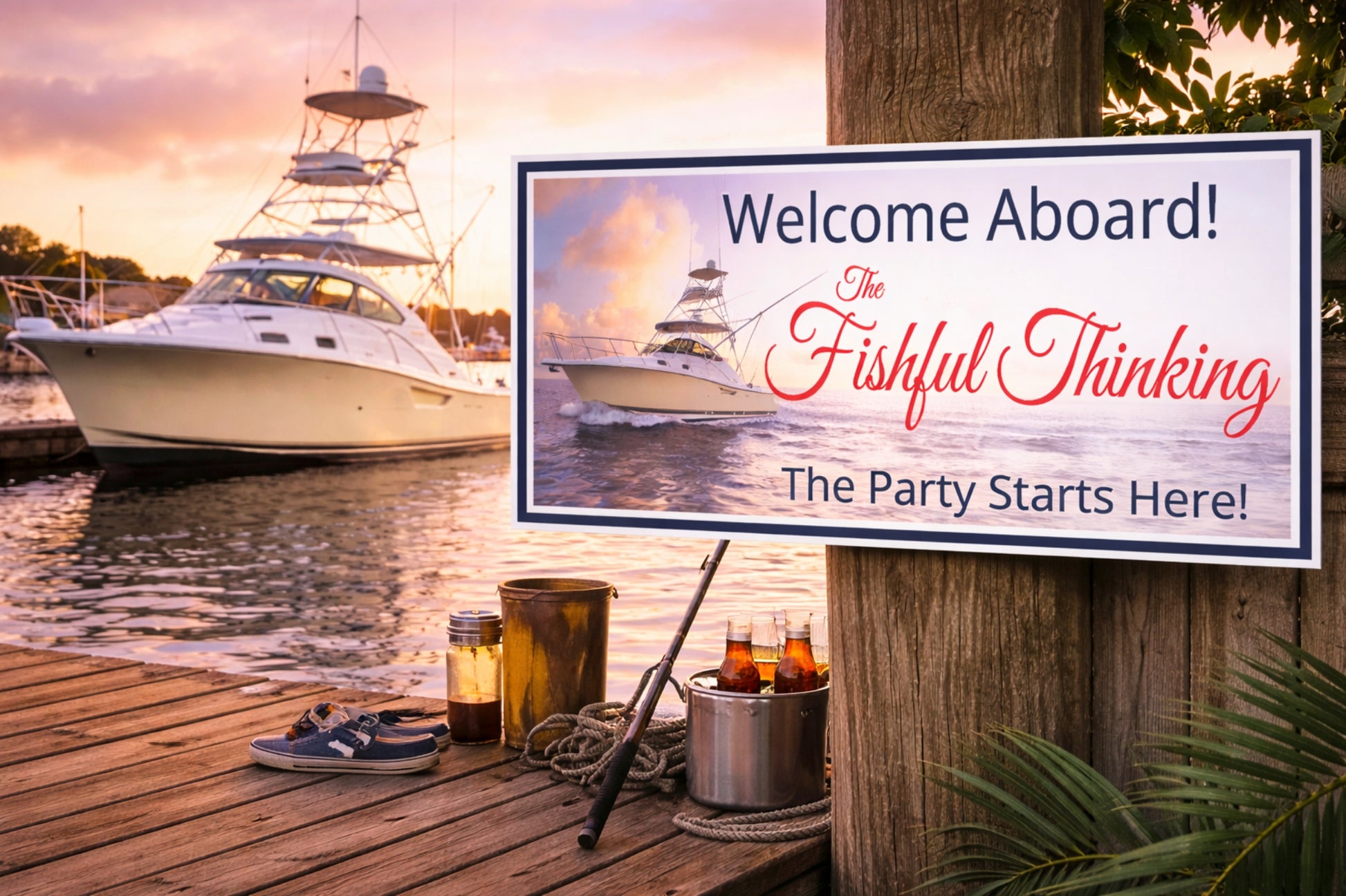 Custom nautical sign mounted on dock near luxury boat at sunset