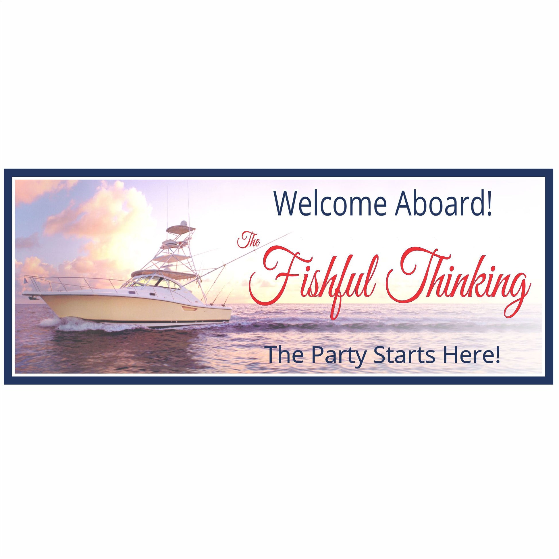 Personalized welcome aboard boat sign with yacht on ocean at sunset