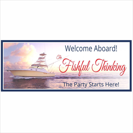 Personalized welcome aboard boat sign with yacht on ocean at sunset