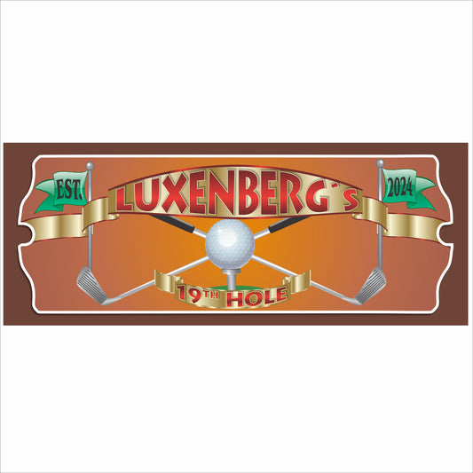Personalized golf sports bar sign with crossed clubs, golf ball centerpiece, and 19th Hole design printed on rigid PVC.
