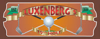 Personalized 19th Hole Golf Sign featuring crossed golf clubs and a white golf ball on a tee. A gold banner across the top displays a family name in elegant font, with green golf flags showing an established date. Ideal gift for golfers and suitable for home or office decor.