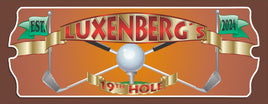 Personalized 19th Hole Golf Sign featuring crossed golf clubs and a white golf ball on a tee. A gold banner across the top displays a family name in elegant font, with green golf flags showing an established date. Ideal gift for golfers and suitable for home or office decor.