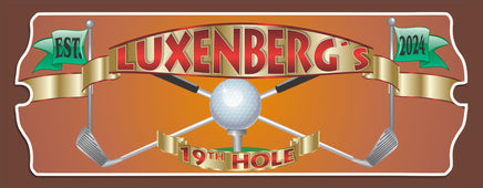 Personalized 19th Hole Golf Sign featuring crossed golf clubs and a white golf ball on a tee. A gold banner across the top displays a family name in elegant font, with green golf flags showing an established date. Ideal gift for golfers and suitable for home or office decor.