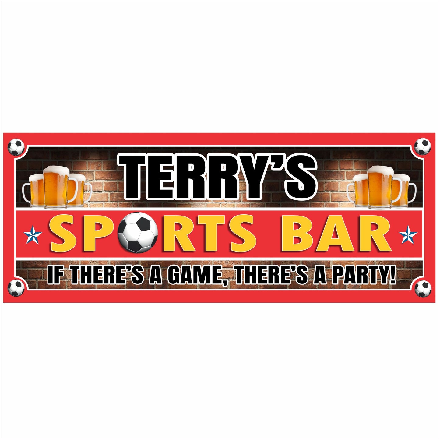 Personalized soccer sports bar sign with beer mugs, soccer ball graphic, and bold red sports theme printed on rigid PVC.