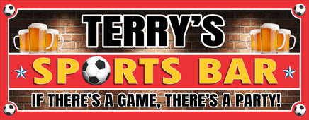Personalized sports bar sign featuring an eye-catching red brick background with a bold red border, decorated with soccer balls in each corner and one replacing the 'O' in 'Sports Bar'. The sign includes customizable text, frothy beer mugs, and tailored to match team colors for a unique game day display.