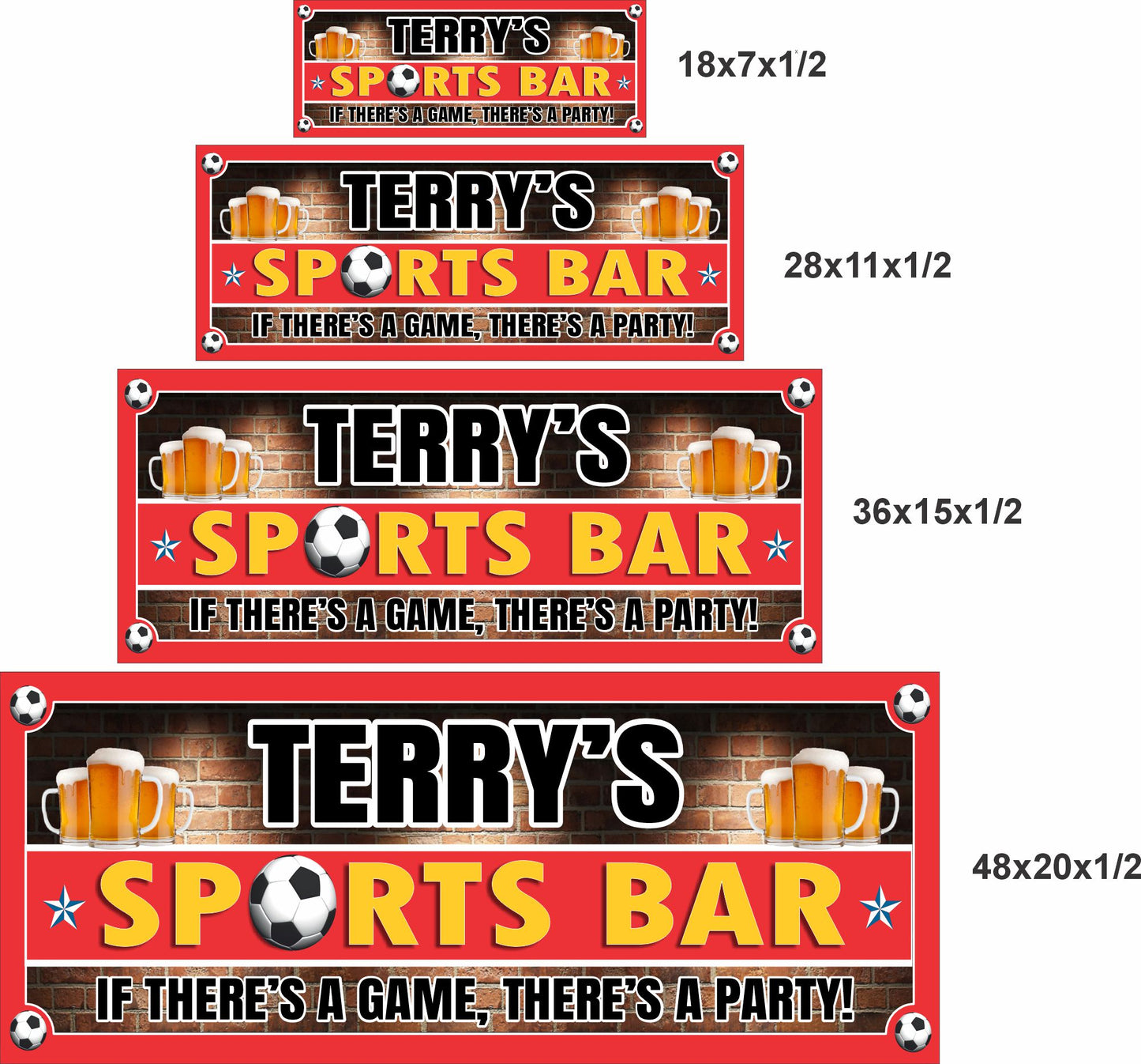 Soccer sports bar sign shown in four size options including 18x7, 28x11, 36x15, and 48x20 inches.