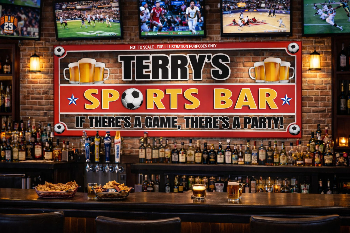 Soccer sports bar sign displayed on a brick wall in a home bar with TVs and game-day atmosphere.