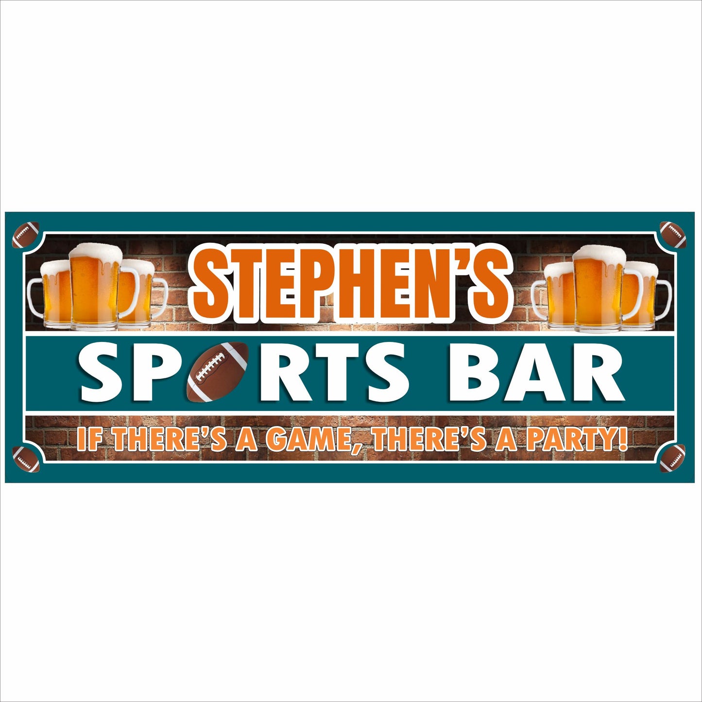 Personalized football sports bar sign with beer mugs, football graphics, and bold teal and orange sports theme printed on rigid PVC.