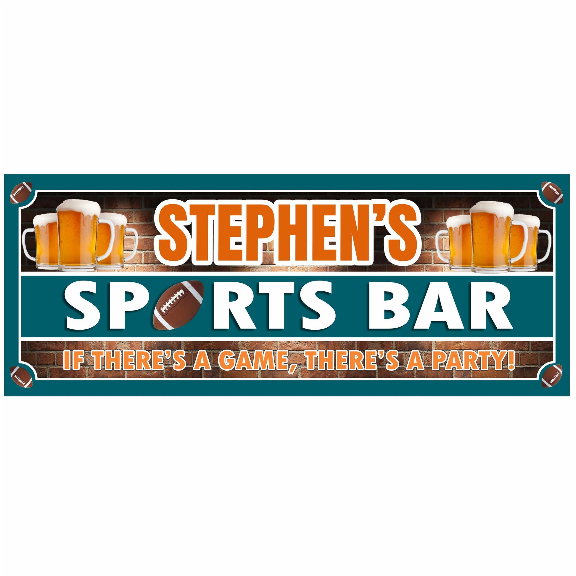 Personalized football sports bar sign with beer mugs, football graphics, and bold teal and orange sports theme printed on rigid PVC.