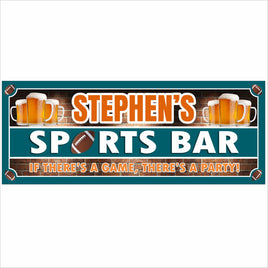 Personalized football sports bar sign with beer mugs, football graphics, and bold teal and orange sports theme printed on rigid PVC.