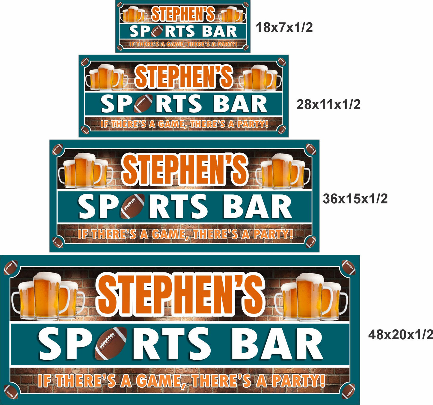 Football sports bar sign shown in four size options including 18x7, 28x11, 36x15, and 48x20 inches.