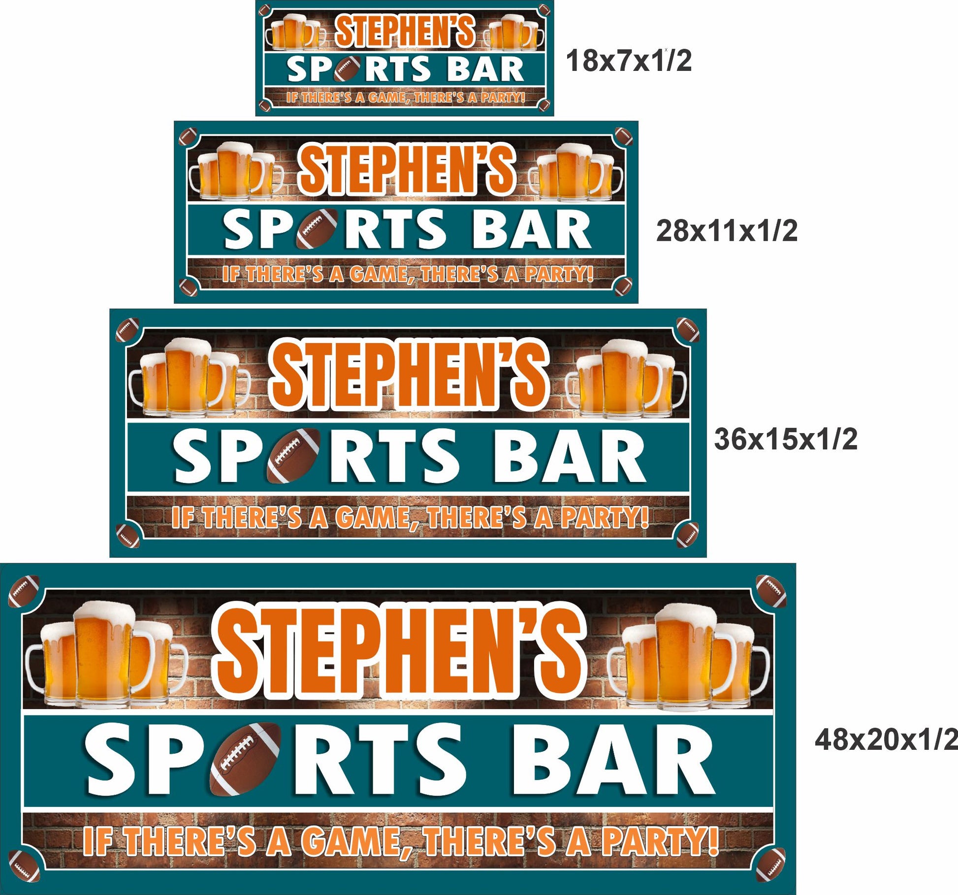Football sports bar sign shown in four size options including 18x7, 28x11, 36x15, and 48x20 inches.