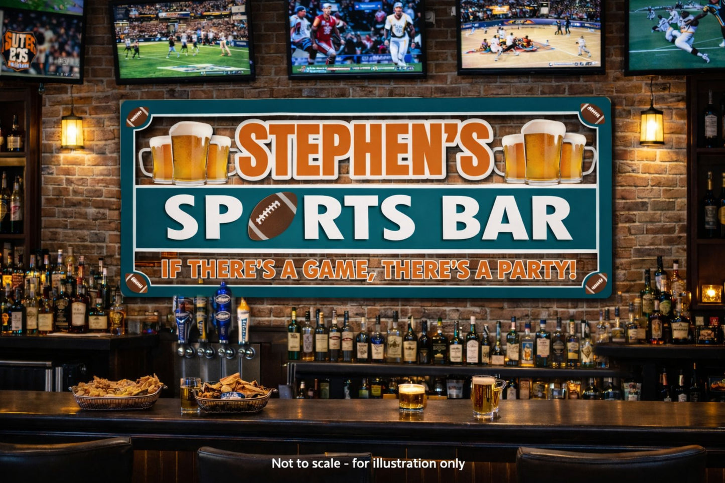 Football sports bar sign displayed on a brick wall in a home bar with TVs and game-day atmosphere.