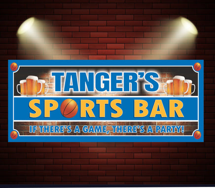  Custom Basketball Sports Bar Sign featuring a bold red brick design with vivid red borders, decorated with beer mugs customizable with team colors. Perfect for enhancing the game day atmosphere in sports bars or home game rooms.