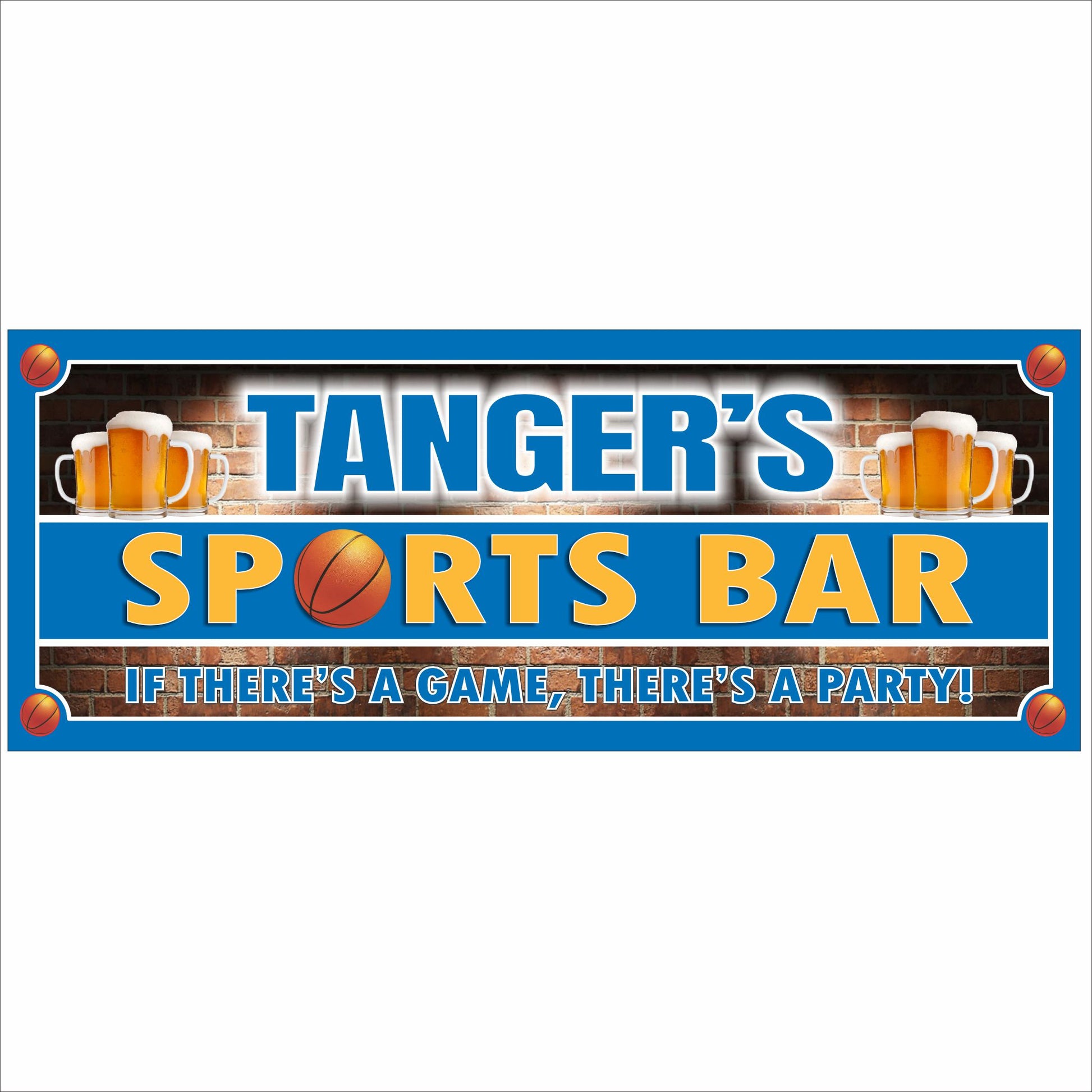 Personalized basketball sports bar sign with beer mugs, basketball graphics, and customizable team colors