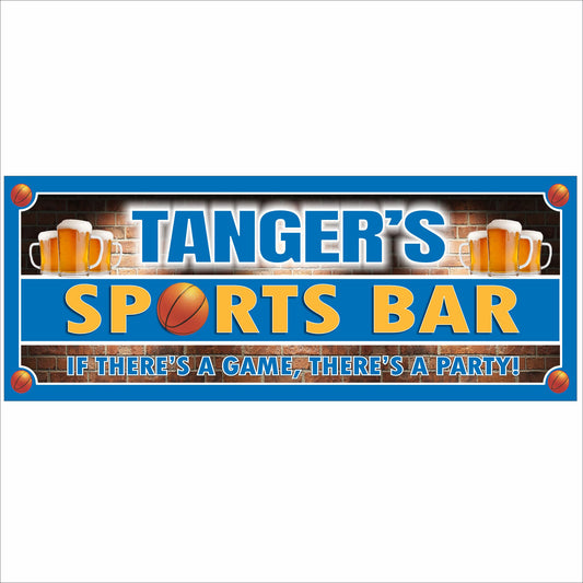 Personalized basketball sports bar sign with beer mugs, basketball graphics, and customizable team colors