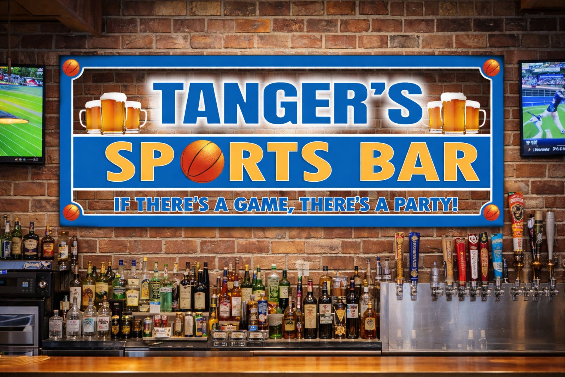 Custom basketball sports bar sign mounted on a brick wall inside a bar setting