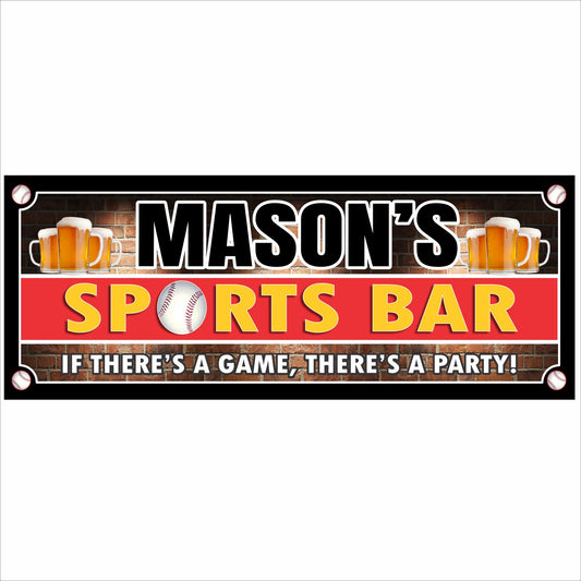 Personalized baseball sports bar sign with beer mugs, baseball graphic, and bold red and black sports theme printed on rigid PVC.