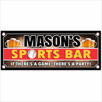 Personalized baseball sports bar sign with beer mugs, baseball graphic, and bold red and black sports theme printed on rigid PVC.