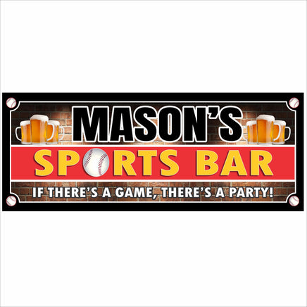 Personalized baseball sports bar sign with beer mugs, baseball graphic, and bold red and black sports theme printed on rigid PVC.