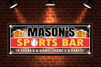 Customizable sports bar sign featuring a black stadium lights font with your personalized name, flanked by trios of full beer mugs and classic baseballs in the corners. The largest baseball forms the 'O' in 'Sports Bar' against a red brick background, with editable white text stating 'If There’s a Game, There’s a Party!'. The design can be color-coordinated to match your favorite team.