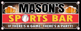 Customizable sports bar sign featuring a black stadium lights font with your personalized name, flanked by trios of full beer mugs and classic baseballs in the corners. The largest baseball forms the 'O' in 'Sports Bar' against a red brick background, with editable white text stating 'If There’s a Game, There’s a Party!'. The design can be color-coordinated to match your favorite team.