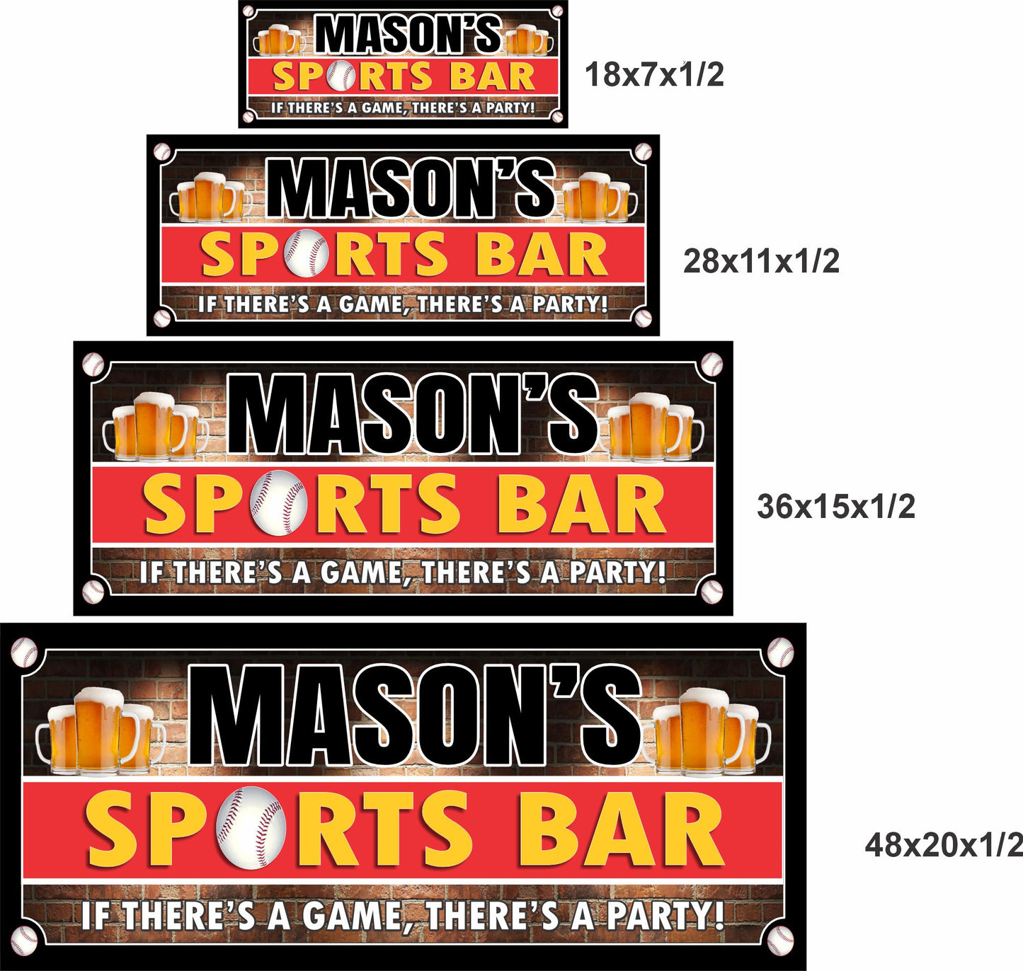Baseball sports bar sign shown in four size options including 18x7, 28x11, 36x15, and 48x20 inches.