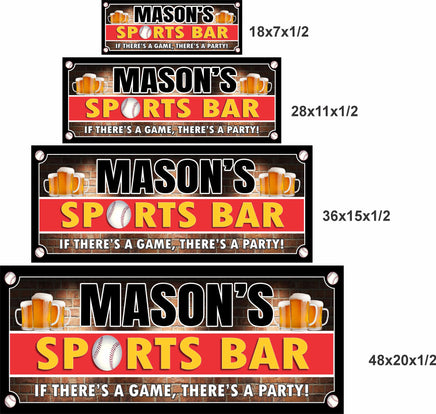 Baseball sports bar sign shown in four size options including 18x7, 28x11, 36x15, and 48x20 inches.