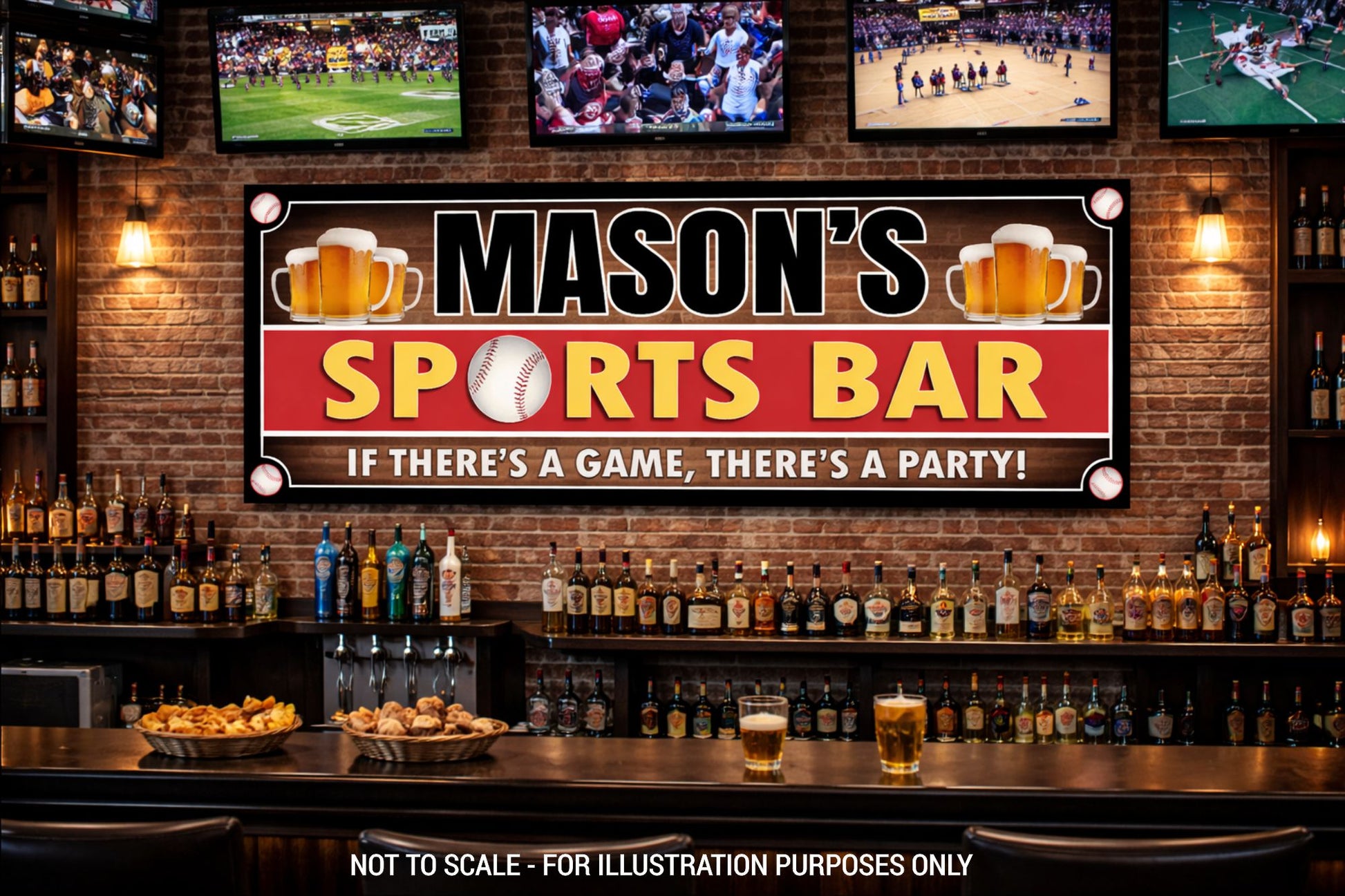 Baseball sports bar sign displayed on a brick wall in a home bar with TVs and game-day atmosphere