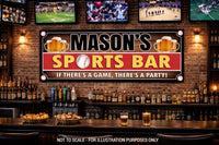 Baseball sports bar sign displayed on a brick wall in a home bar with TVs and game-day atmosphere