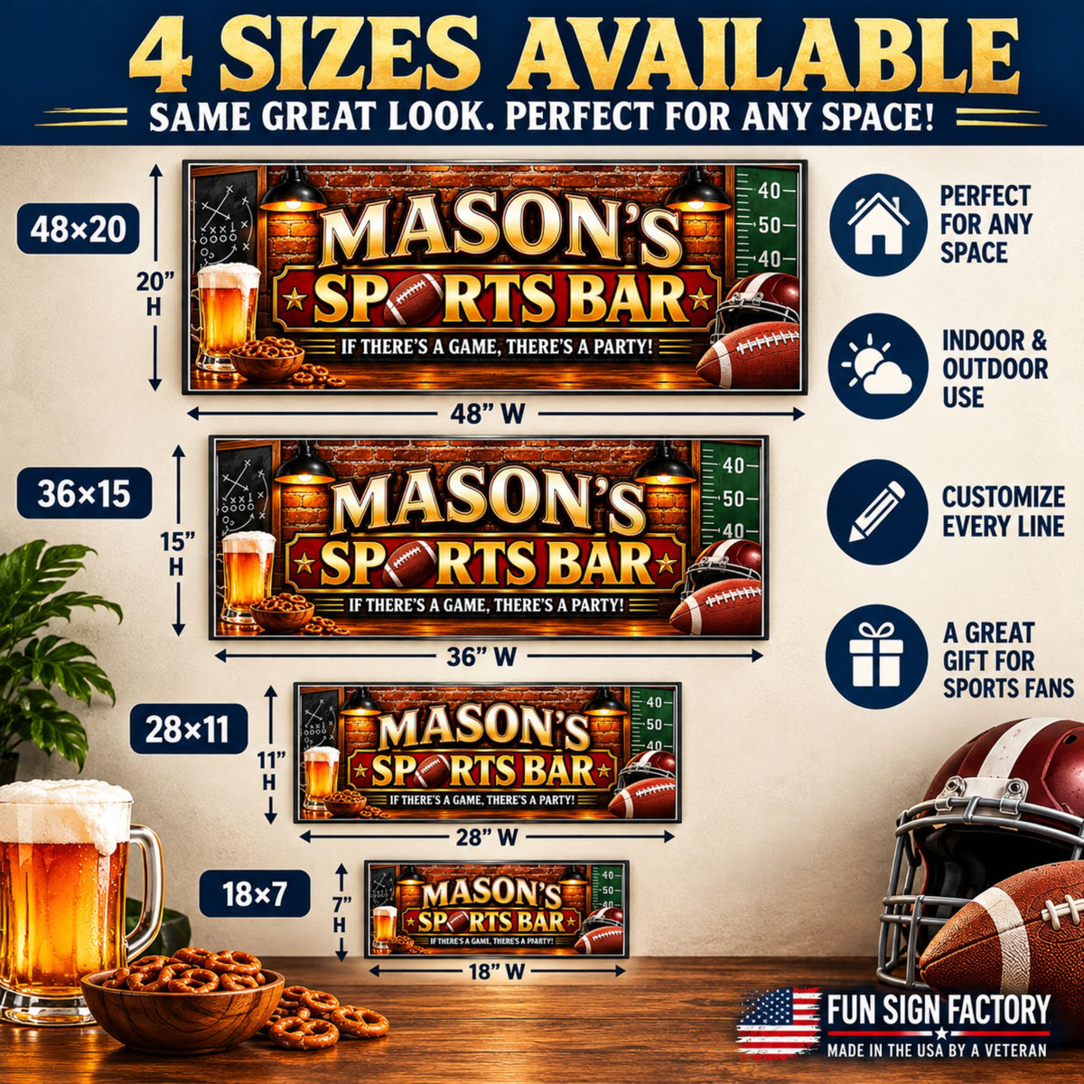 Personalized sports bar sign size guide showing 18x7, 28x11, 36x15 and 48x20 rigid PVC sizes