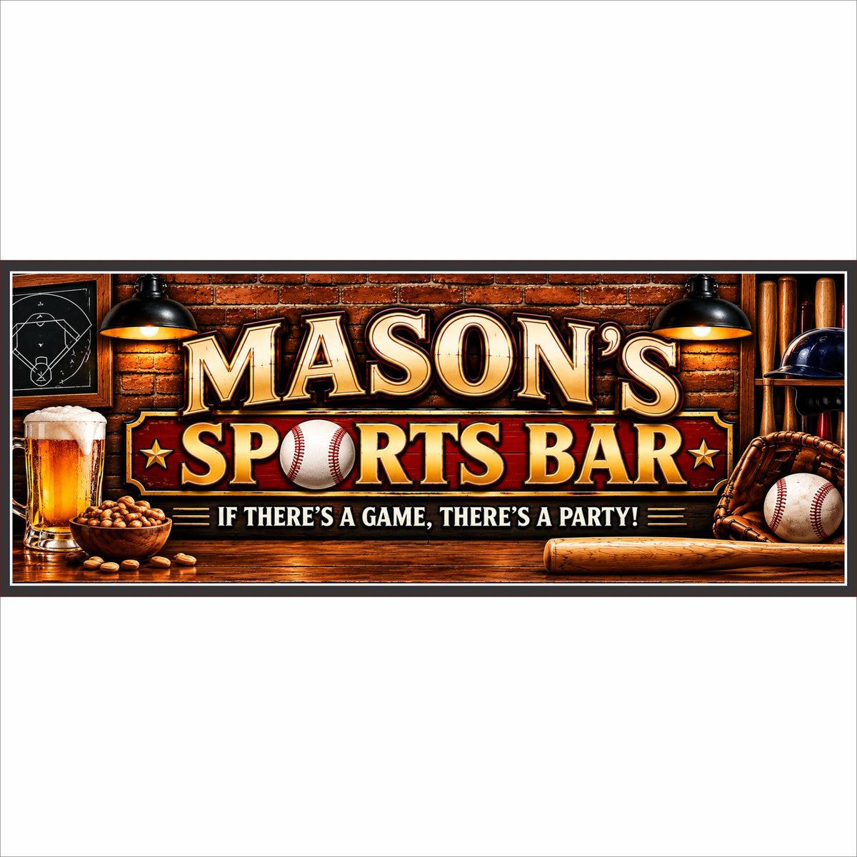Personalized baseball sports bar sign with brick pub background and custom family name