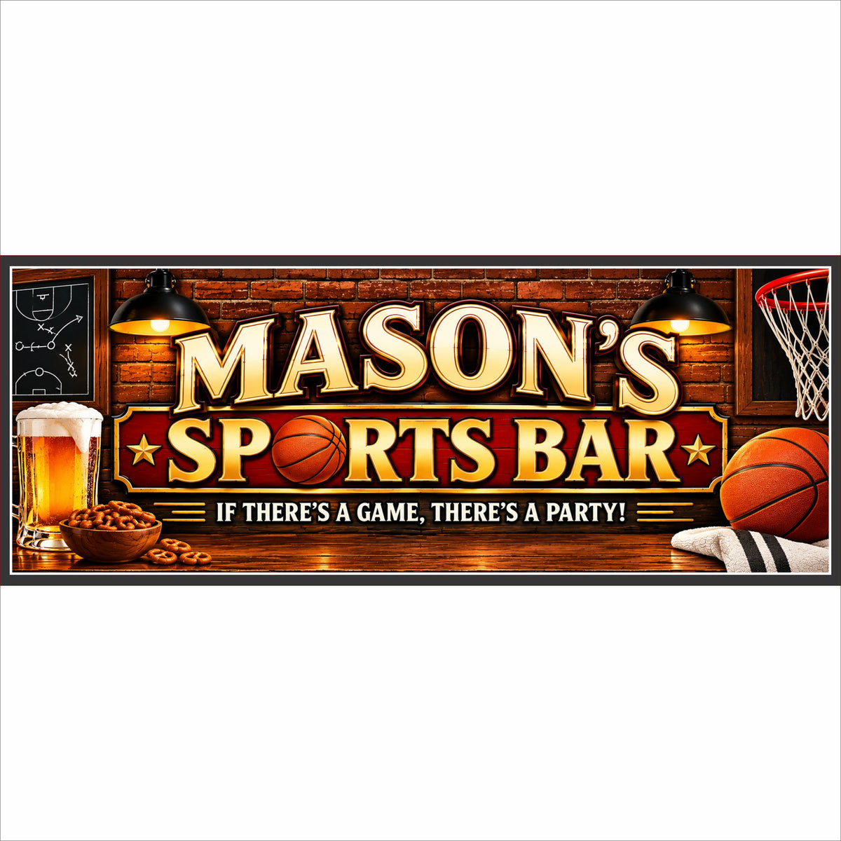 Personalized basketball sports bar sign with brick pub background and custom family name
