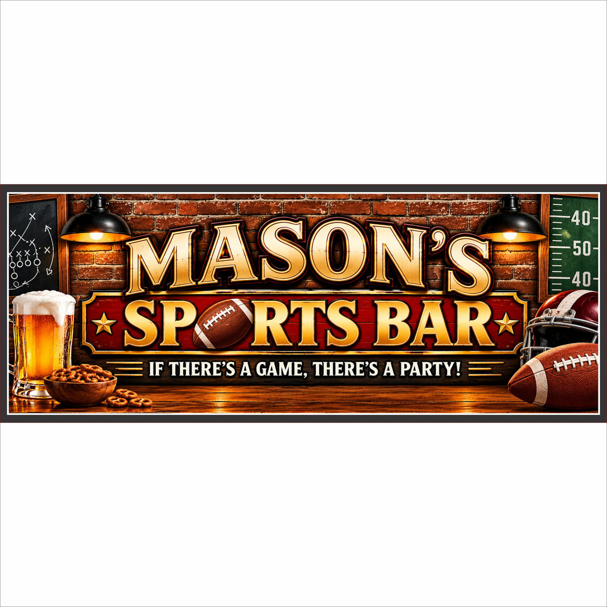Personalized football sports bar sign with brick pub background and custom family name