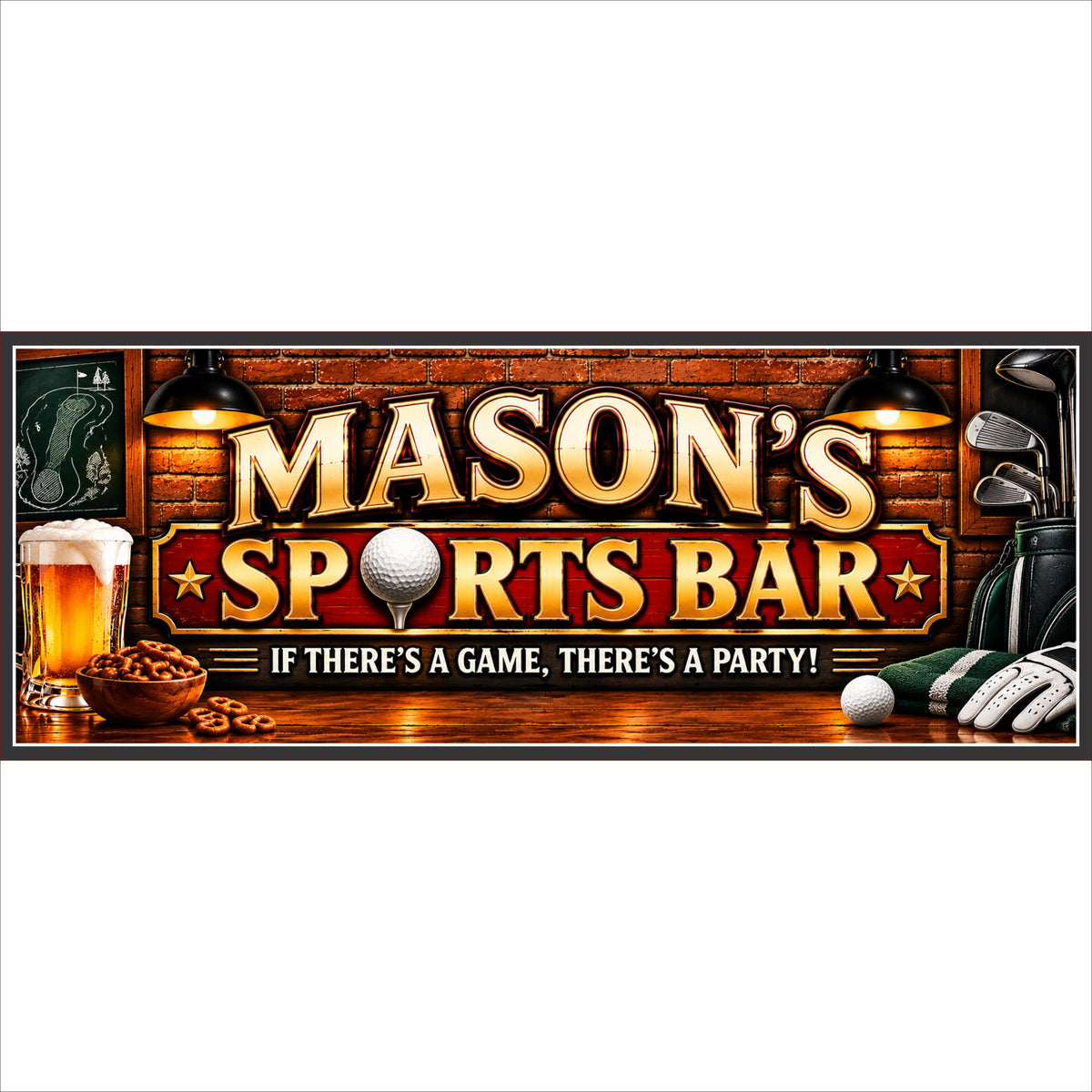 Personalized golf sports bar sign with brick pub background and custom family name