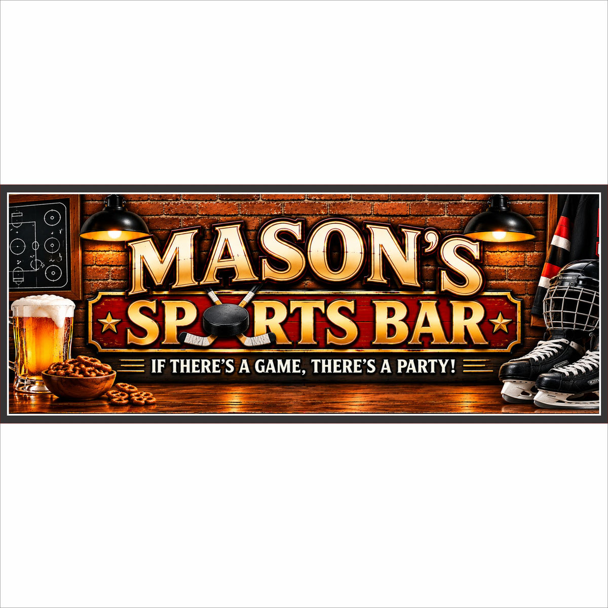 Personalized hockey sports bar sign with brick pub background and custom family name