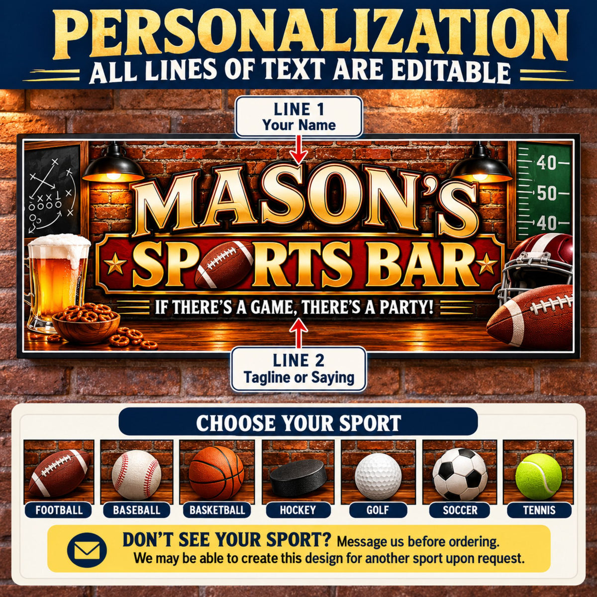 Personalized sports bar sign showing the name can be customized with your family or bar name
