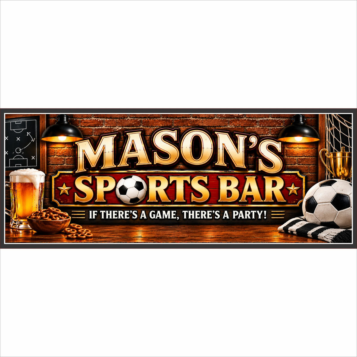 Personalized soccer sports bar sign with brick pub background and custom family name