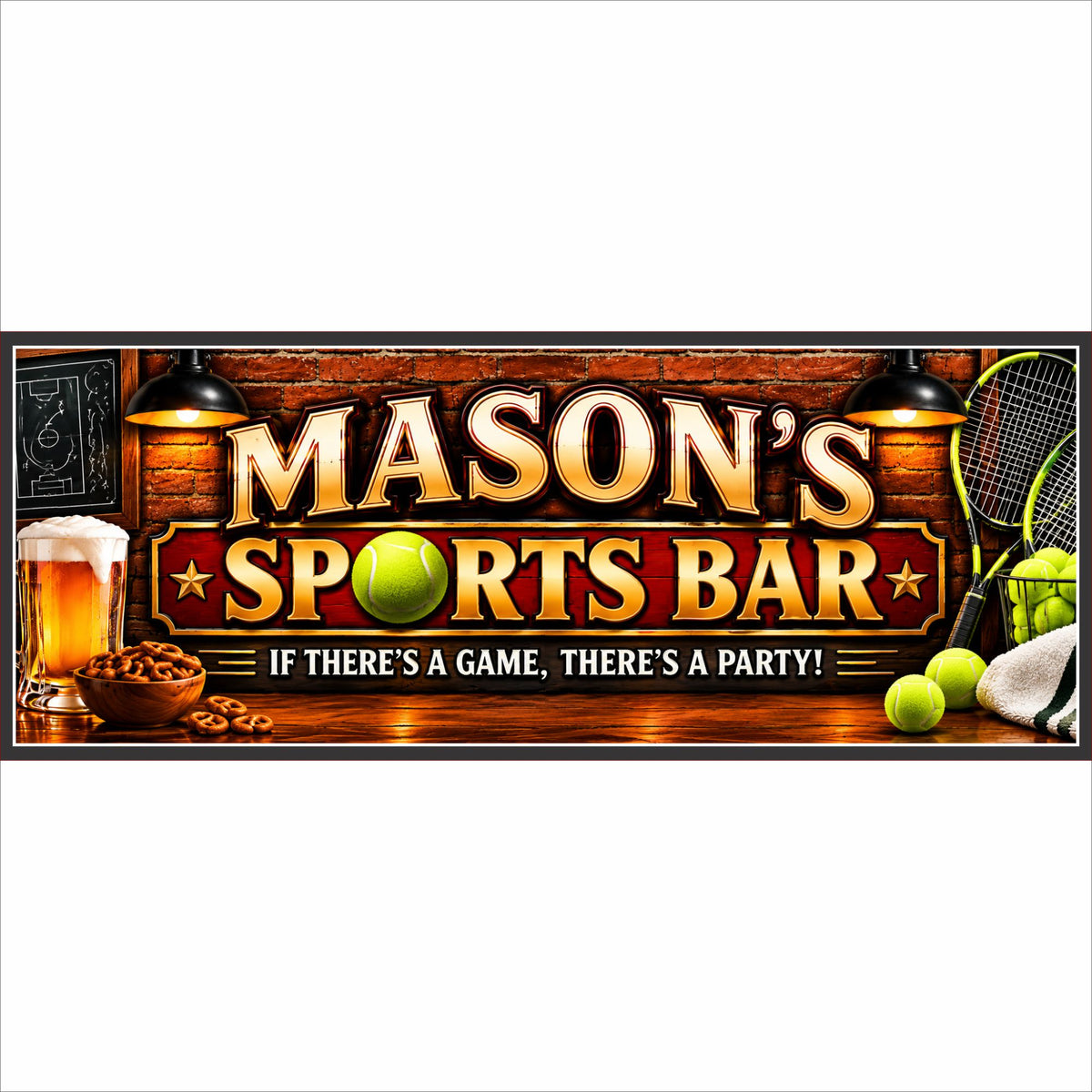 Personalized tennis sports bar sign with brick pub background and custom family name