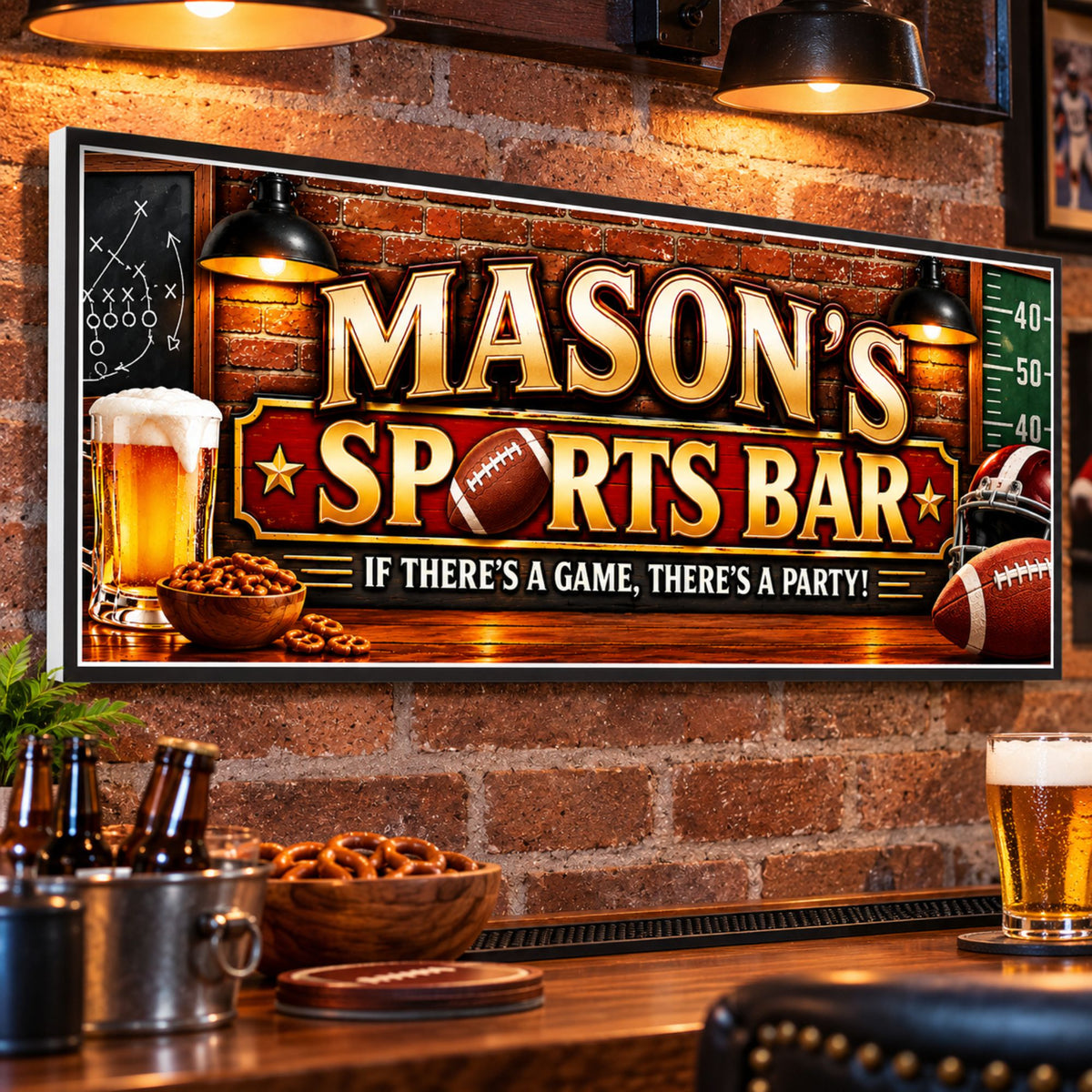 Personalized football sports bar sign displayed on a brick wall in a home bar setting