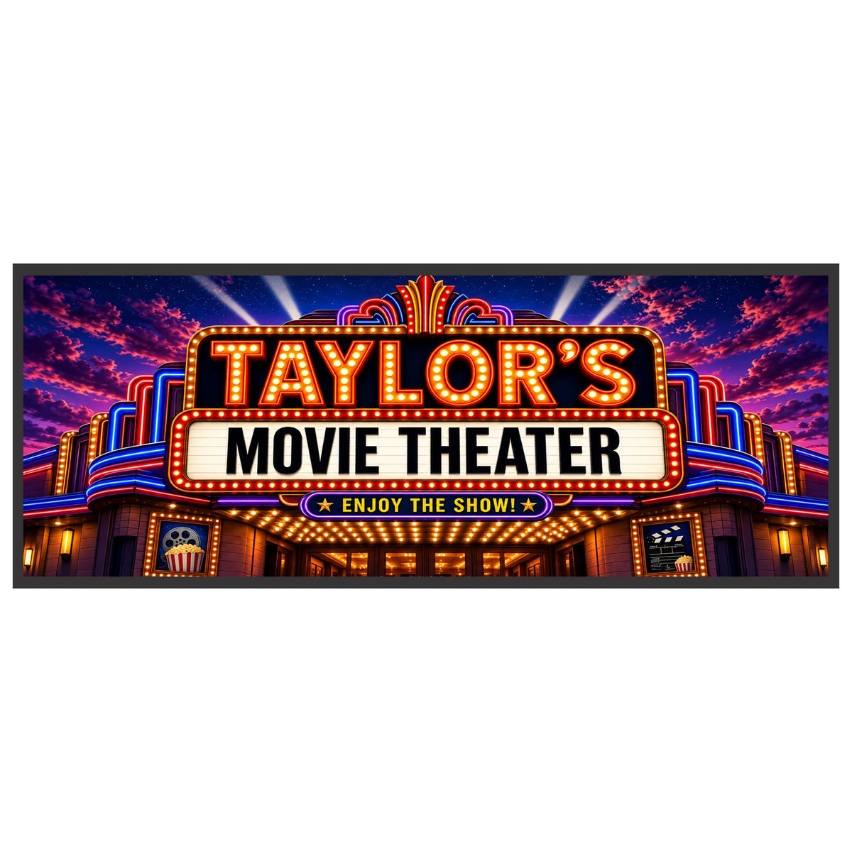 Personalized movie theater sign with colorful Art Deco architecture, printed marquee bulbs, searchlights, and a black border.