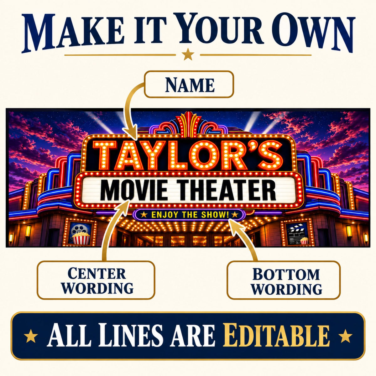 Cinema sign personalization guide showing three editable areas: name, center wording, and bottom wording.